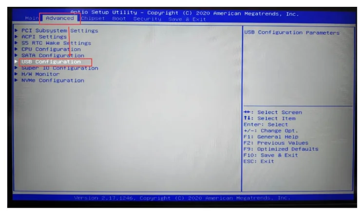 2. 选择Advanced选项，找到usb configuration，回车进入。